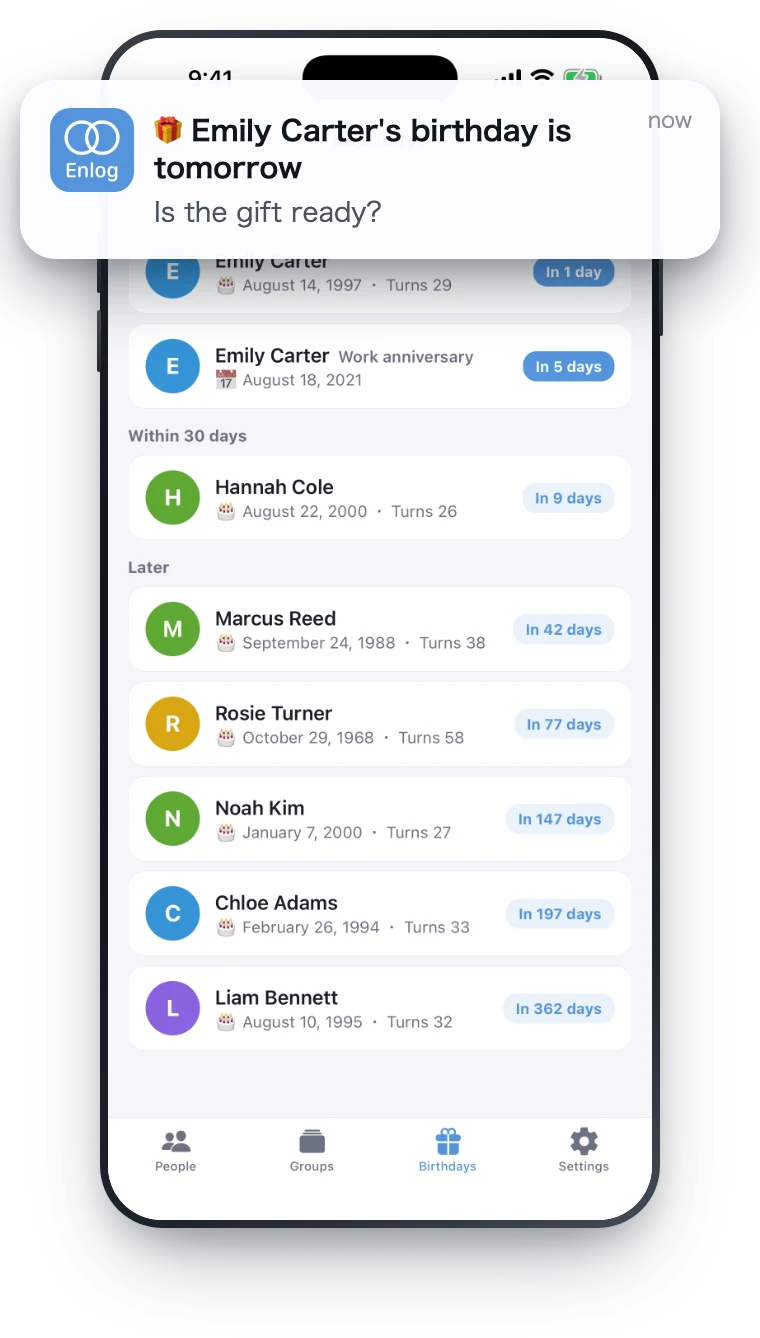 Birthday notification banner over the birthdays list