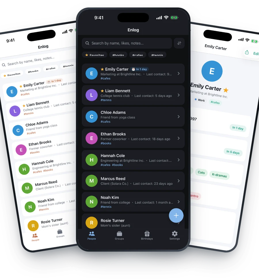 Three phones showing theme colors and dark mode